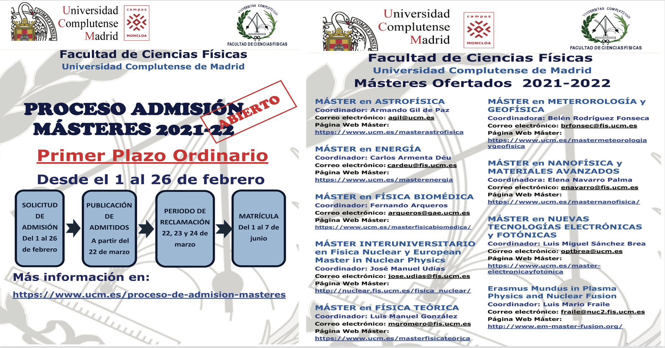 Plazos de admisión y matrícula para Máster Universitario del curso 2021-2022