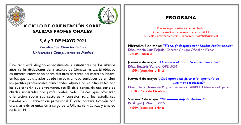 X Semana de Orientación Profesional 5-6-7 de mayo 2021 en Facultad de Ciencias Físicas