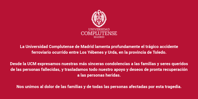 La Facultad de Ciencias Físicas (UCM) lamenta profundamente el trágico accidente ferroviario ocurrido entre Los Yébenes y Urda, en la provincia de Toledo.